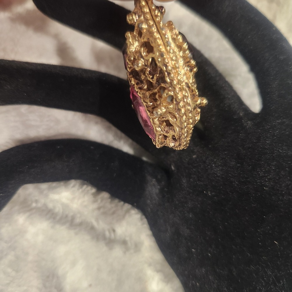 Vintage Gold Tone Filigree Teardrop Pendant Pink Purple Marquise Rhinestone - Picture 5 of 13